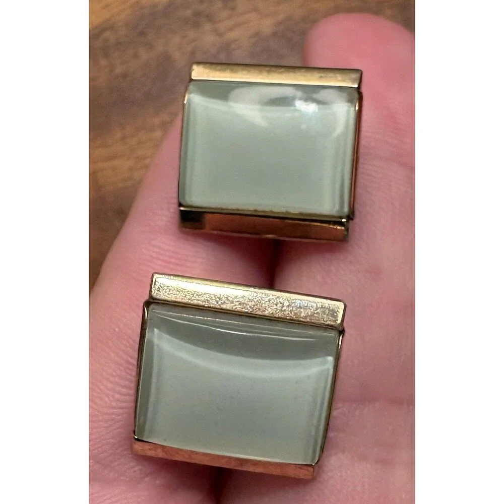 Vintage Swank Gold Tone Pale Green Glass Cabochon Square Cufflinks Mid Century